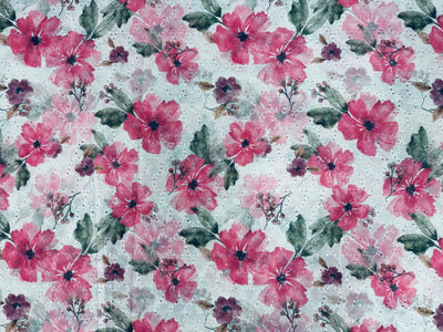 Pink Floral Print With Embroidered Hakoba Cotton Fabric