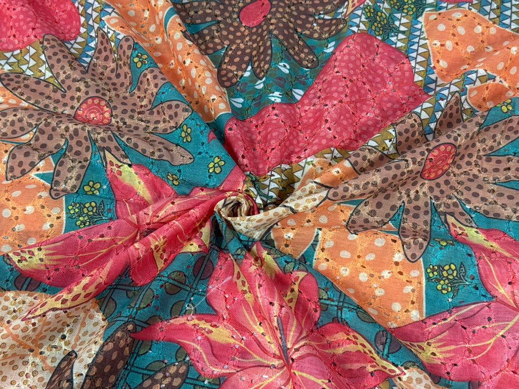 Multicolor Floral Print With Embroidered Hakoba Cotton Fabric