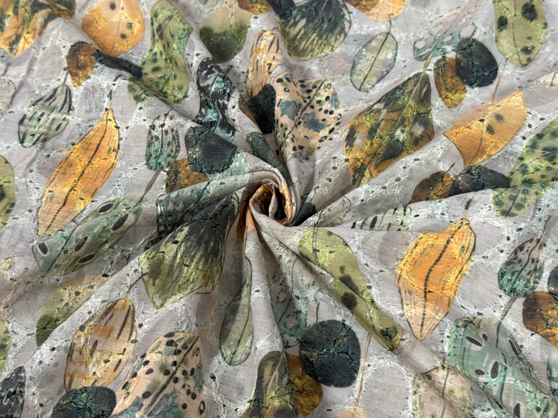 Multicolor Leaf Print With Embroidered Hakoba Cotton Fabric