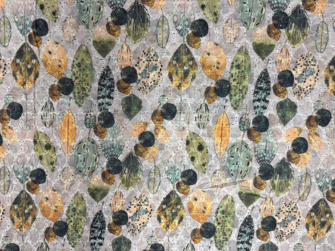 Multicolor Leaf Print With Embroidered Hakoba Cotton Fabric