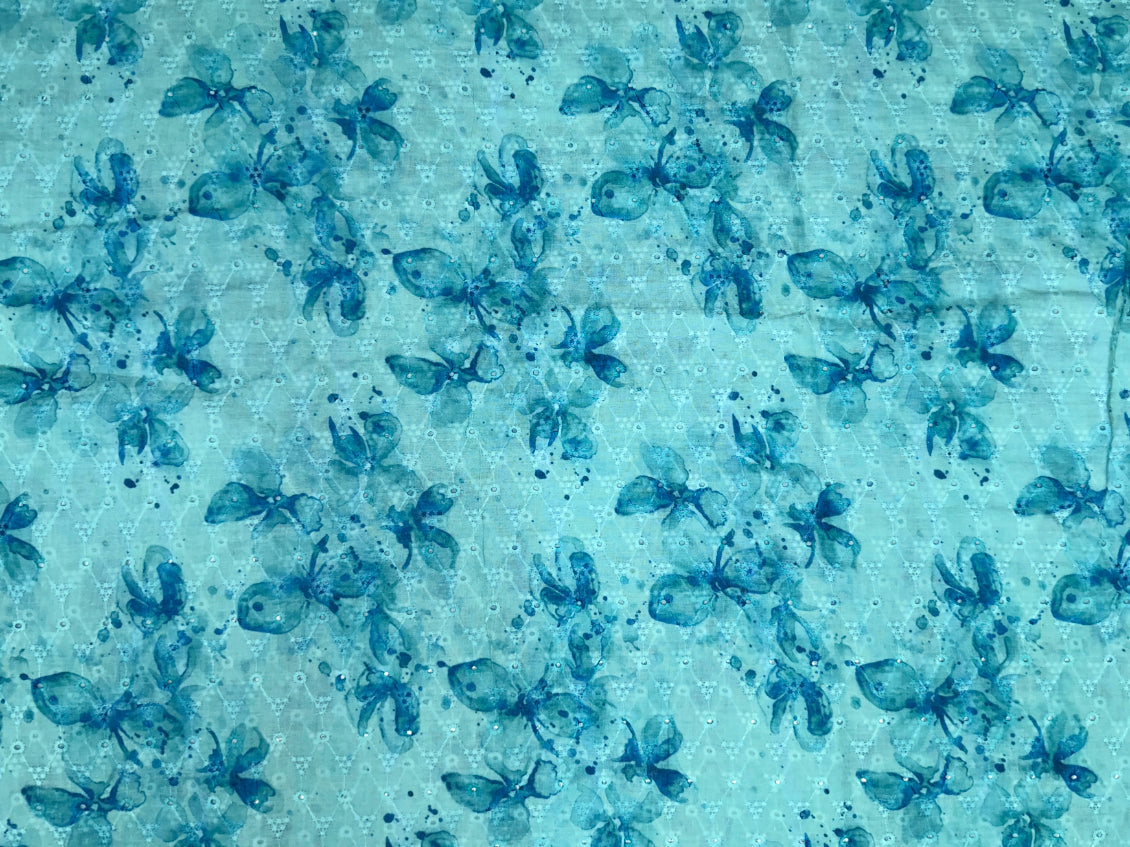 Aqua Blue Floral Print With Embroidered Hakoba Cotton Fabric
