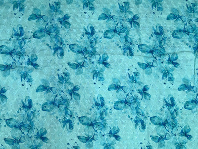 Aqua Blue Floral Print With Embroidered Hakoba Cotton Fabric