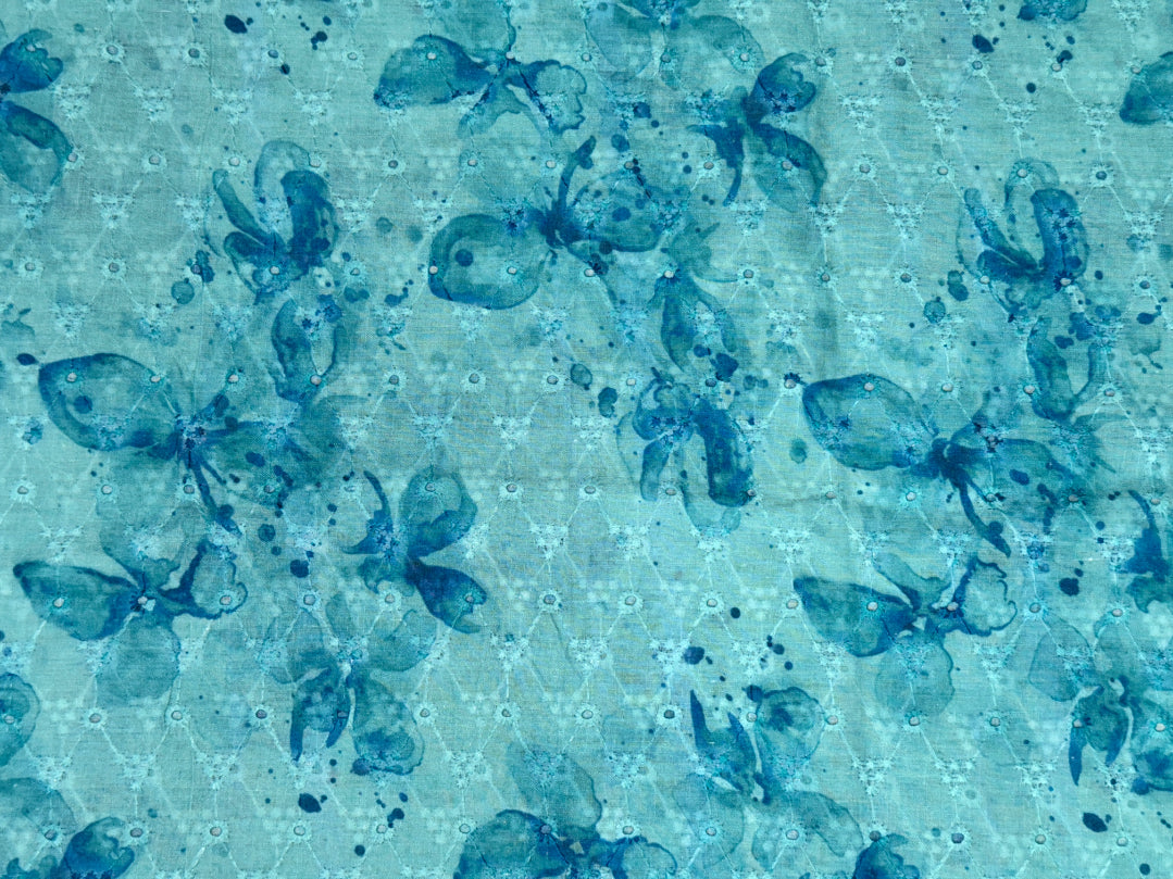 Aqua Blue Floral Print With Embroidered Hakoba Cotton Fabric