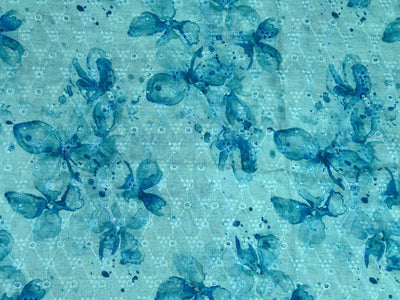 Aqua Blue Floral Print With Embroidered Hakoba Cotton Fabric