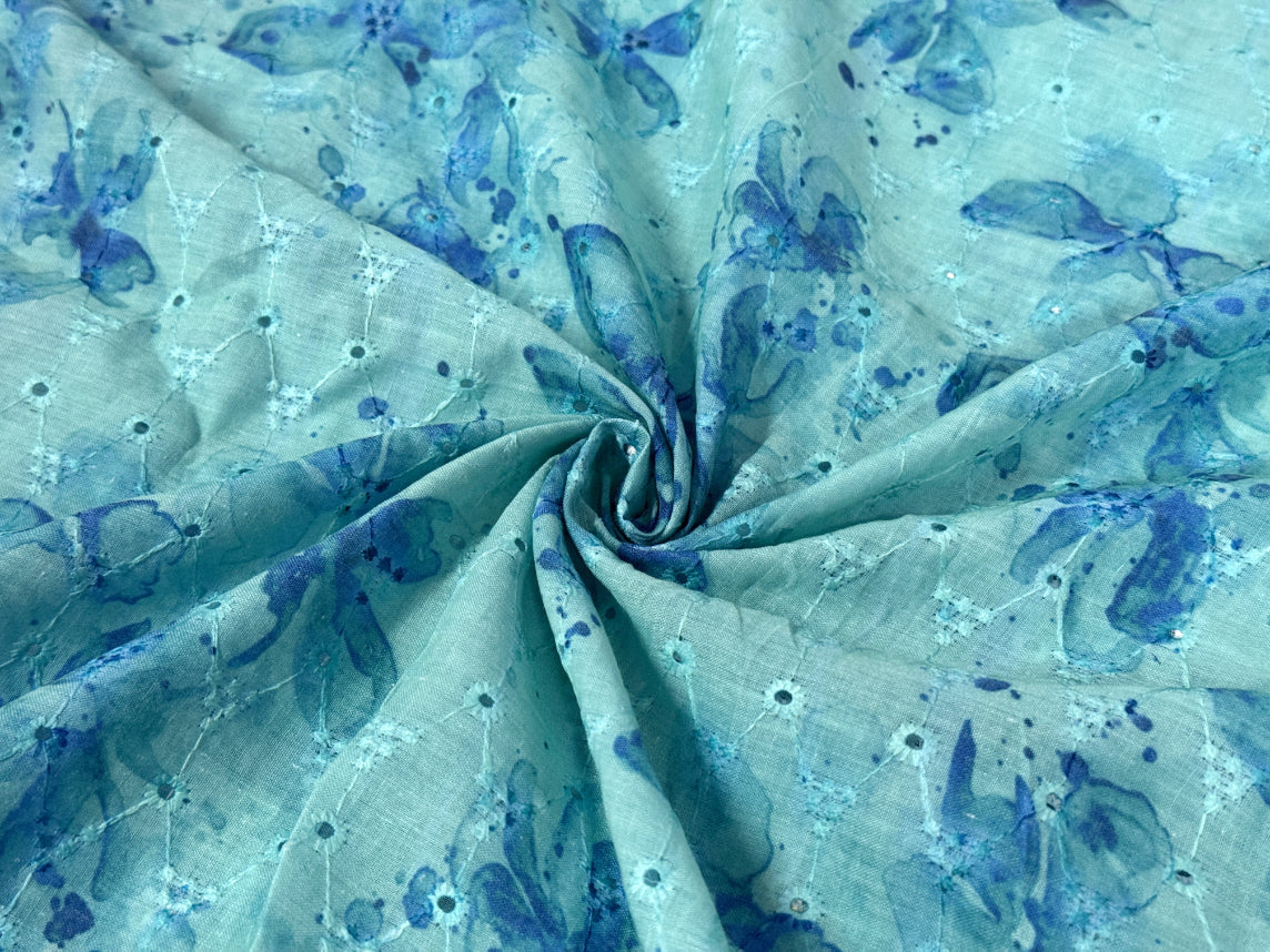 Aqua Blue Floral Print With Embroidered Hakoba Cotton Fabric