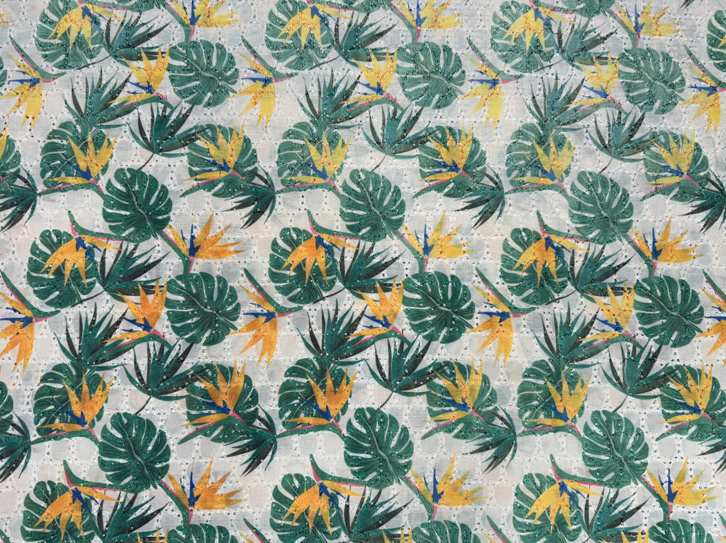 Green & Yellow Leaf Print With Embroidered Hakoba Cotton Fabric