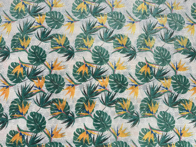 Green & Yellow Leaf Print With Embroidered Hakoba Cotton Fabric