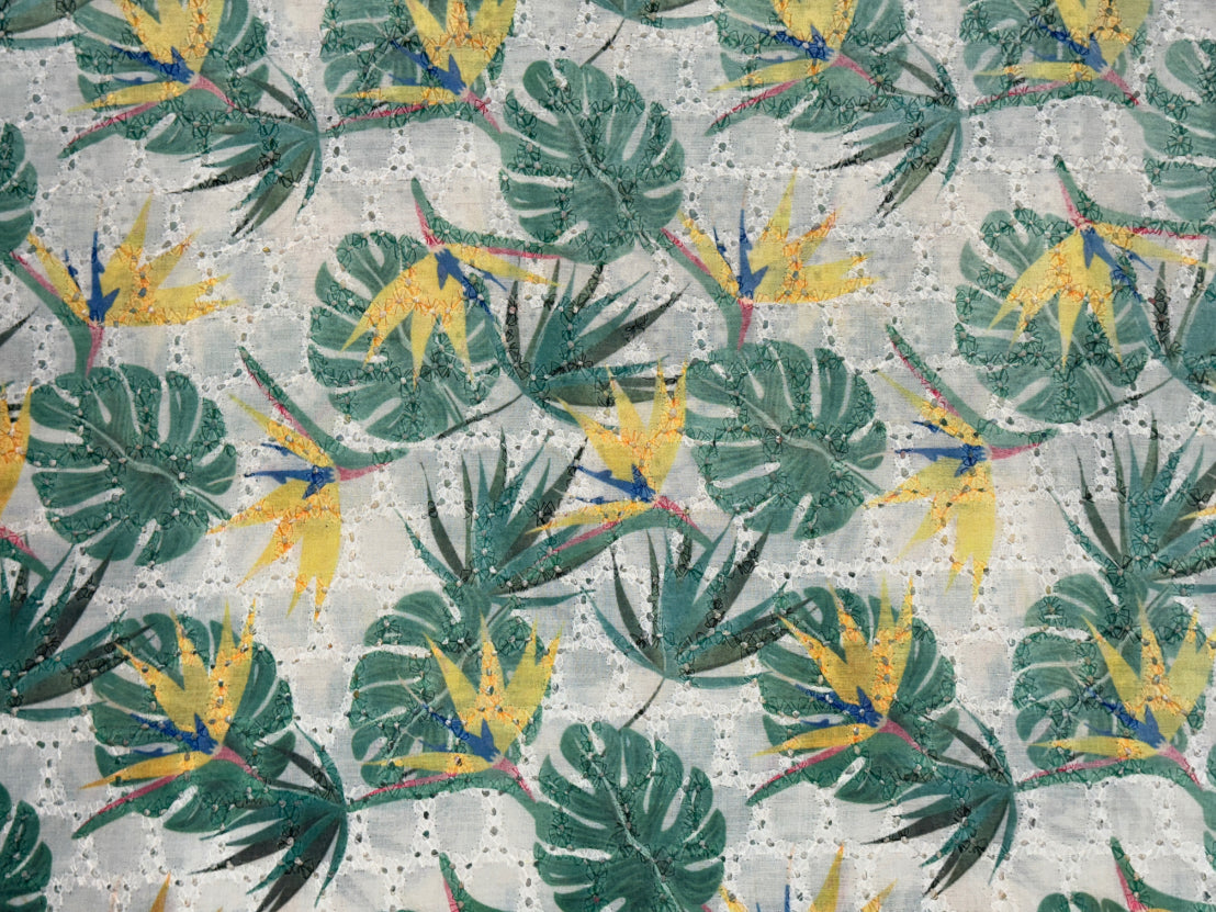 Green & Yellow Leaf Print With Embroidered Hakoba Cotton Fabric