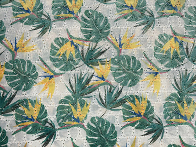 Green & Yellow Leaf Print With Embroidered Hakoba Cotton Fabric