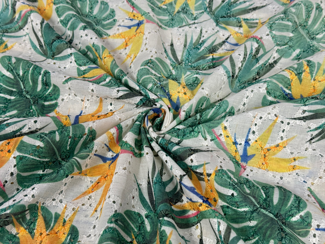 Green & Yellow Leaf Print With Embroidered Hakoba Cotton Fabric