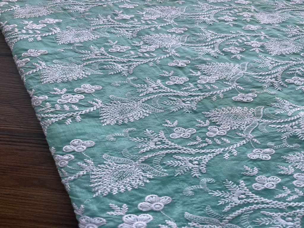 Sea Green  & White Floral Embroidered Chikankari Chanderi Fabric (Wholesale)