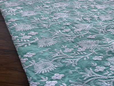 Sea Green  & White Floral Embroidered Chikankari Chanderi Fabric (Wholesale)