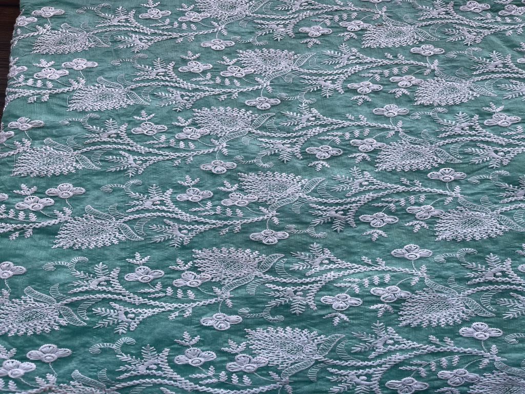 Sea Green  & White Floral Embroidered Chikankari Chanderi Fabric (Wholesale)