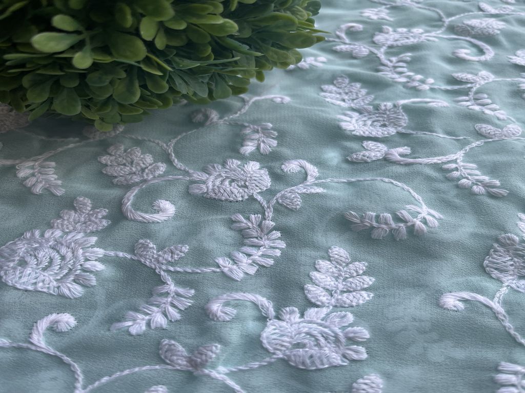 Aqua Green Traditional Chikankari Embroidered Georgette Fabric (Wholesale)