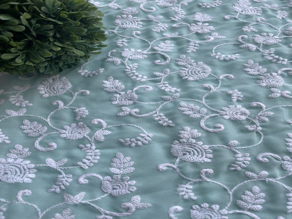 Aqua Green Traditional Chikankari Embroidered Georgette Fabric (Wholesale)