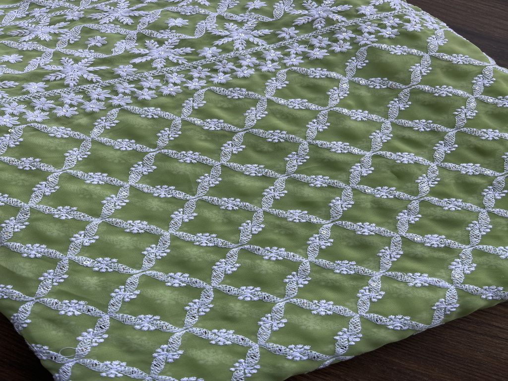 Mint Green & White Checks Lakhnawi Georgette Fabric (Wholesale)