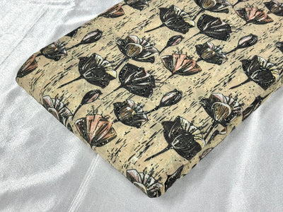 Olive Yellow Lotus Print With Embroidered Hakoba Cotton Fabric