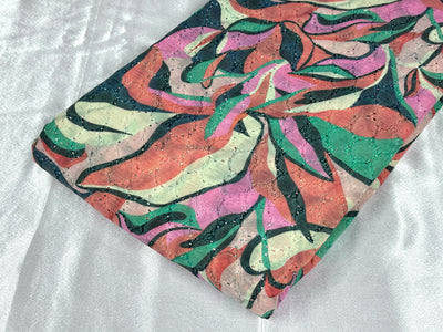 Multicolor Abstract Leaf Print With Embroidered Hakoba Cotton Fabric