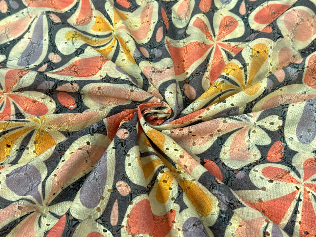 Multicolor Abstract Floral Print With Embroidered Hakoba Cotton Fabric