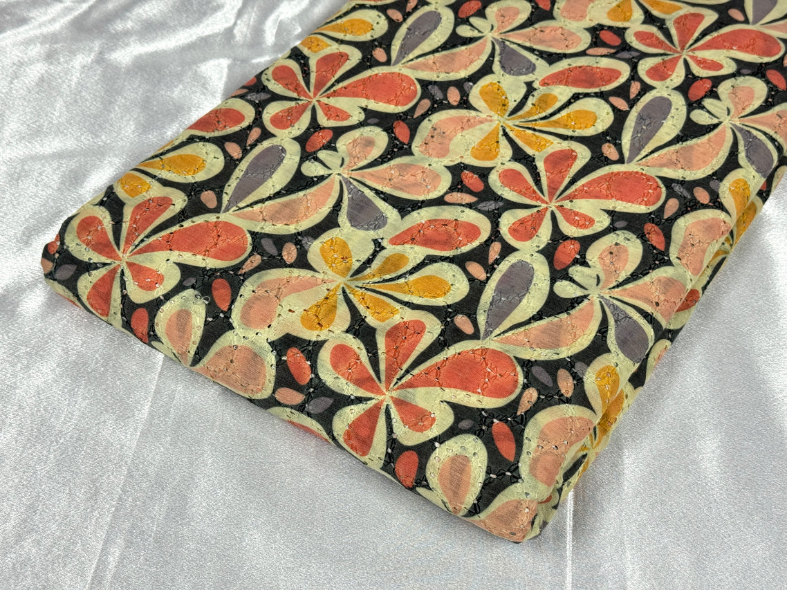 Multicolor Abstract Floral Print With Embroidered Hakoba Cotton Fabric