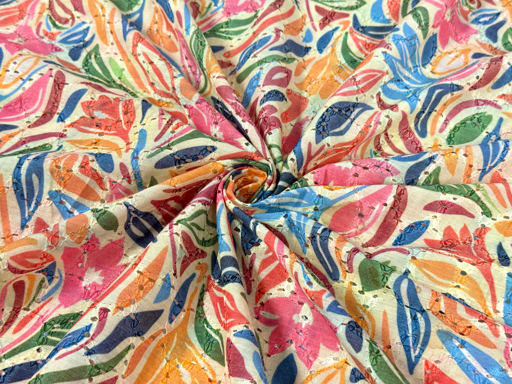 Multicolor Abstract Floral Print With Embroidered Hakoba Cotton Fabric