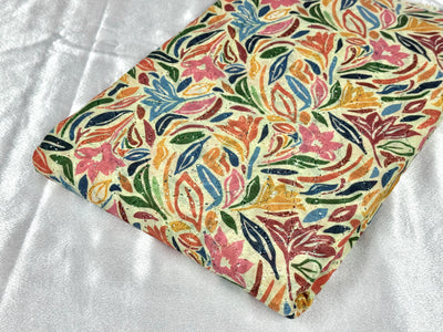 Multicolor Abstract Floral Print With Embroidered Hakoba Cotton Fabric