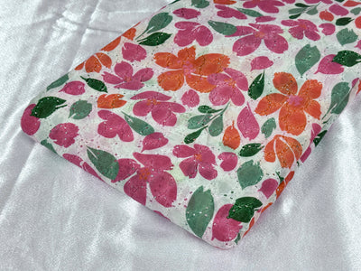 Pink Orange Floral Print With Embroidered Hakoba Cotton Fabric