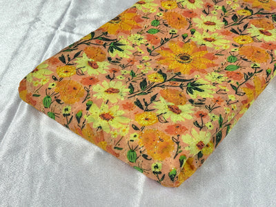 Orange Yellow Floral Print With Embroidered Hakoba Cotton Fabric