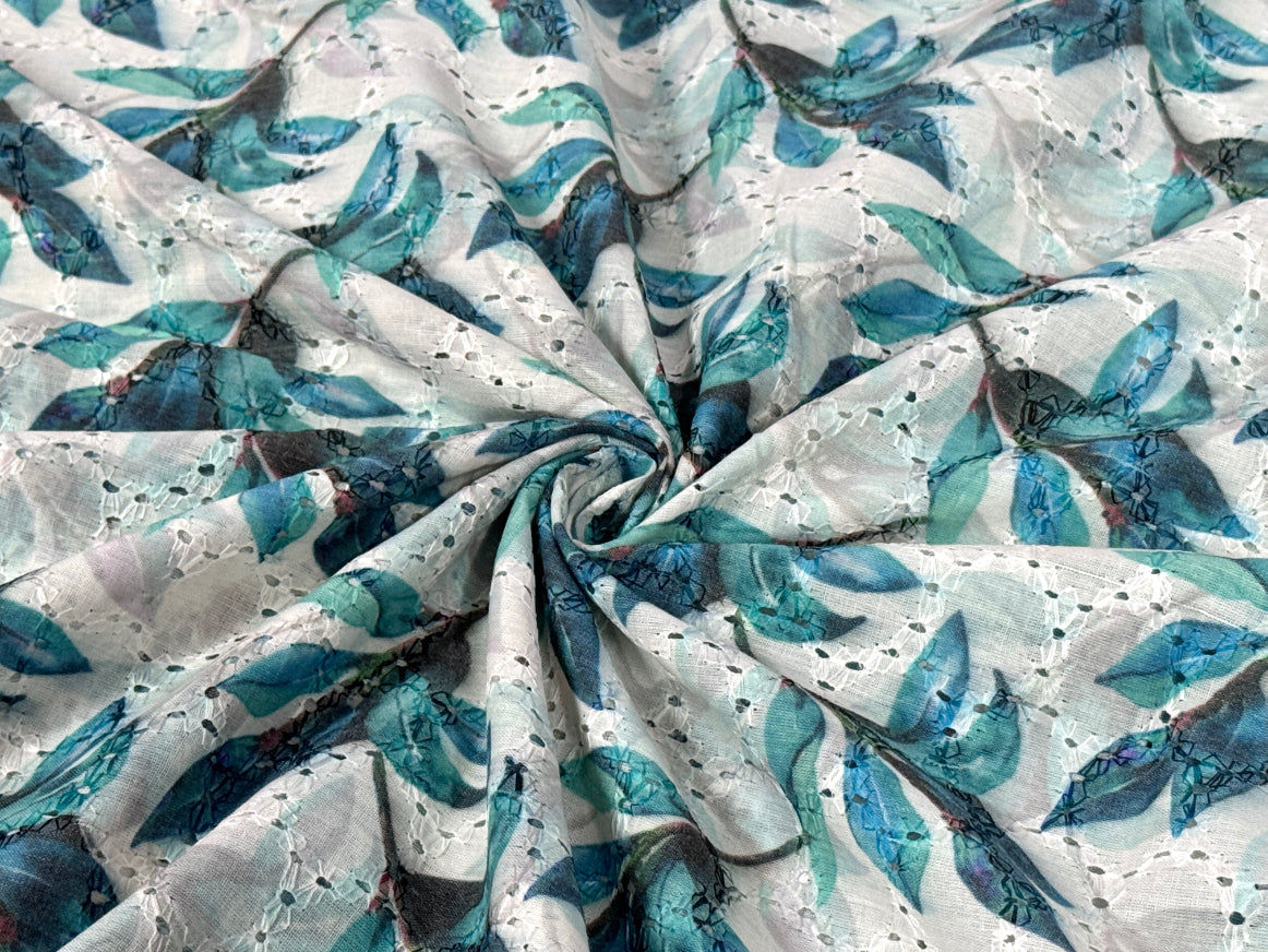 Teal Blue Floral With Embroidered Hakoba Cotton Fabric