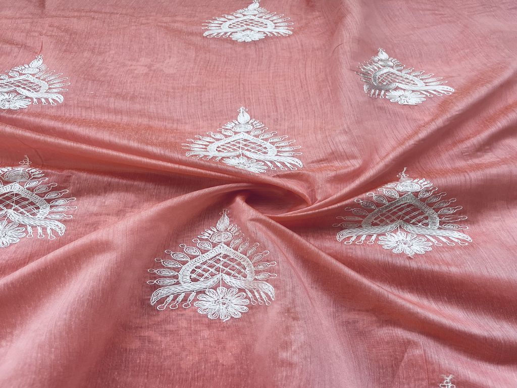 Peach & White Motifs Embroidered Chanderi Fabric