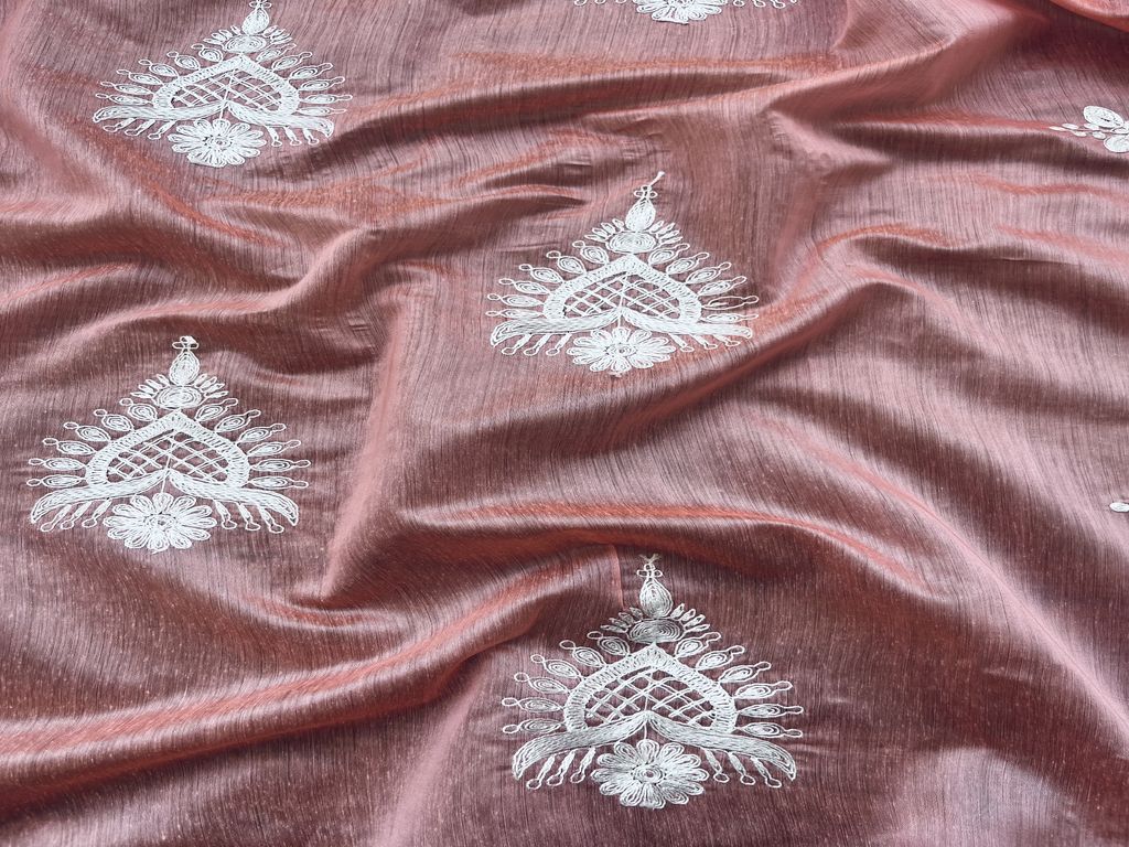 Peach & White Motifs Embroidered Chanderi Fabric