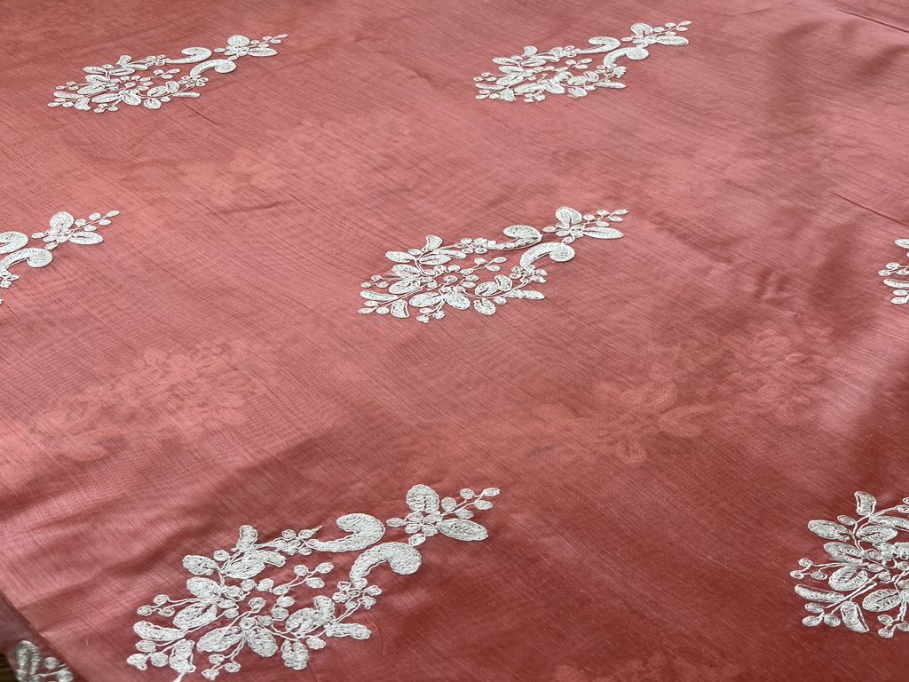 Peach Motifs Embroidered Chanderi Fabric (Wholesale)