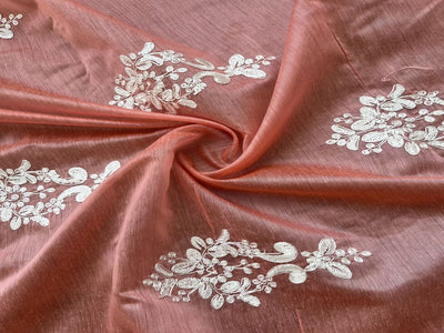 Peach Motifs Embroidered Chanderi Fabric (Wholesale)