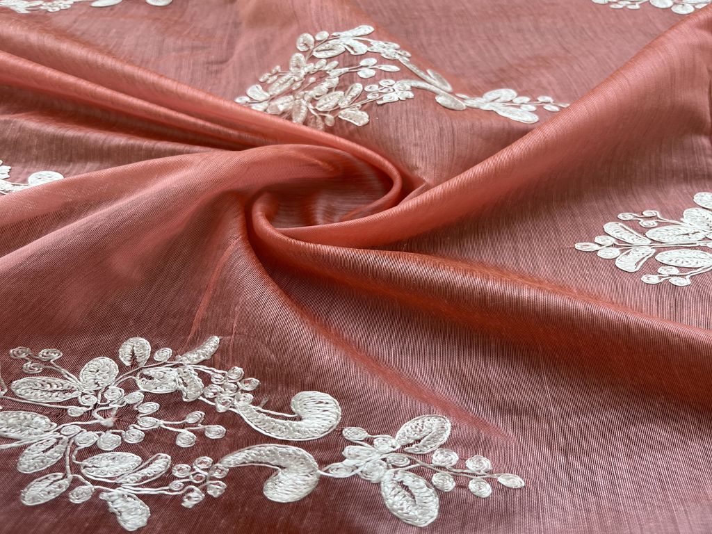 Peach Motifs Embroidered Chanderi Fabric (Wholesale)