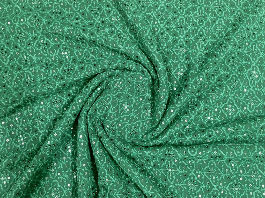 Pre Cut Green Lakhnavi Embroidered Georgette Fabric