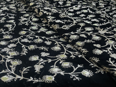 Black Floral Zardozi Embroidered Velvet Fabric