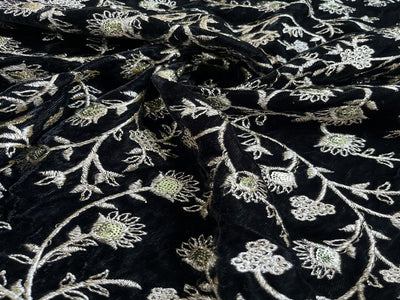 Black Floral Zardozi Embroidered Velvet Fabric