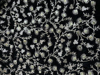 Black Floral Zardozi Embroidered Velvet Fabric