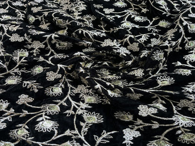 Black Floral Zardozi Embroidered Velvet Fabric