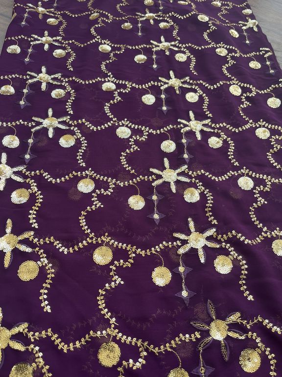 Wine & Golden Traditional Sequins Embroidered Georgette Fabric