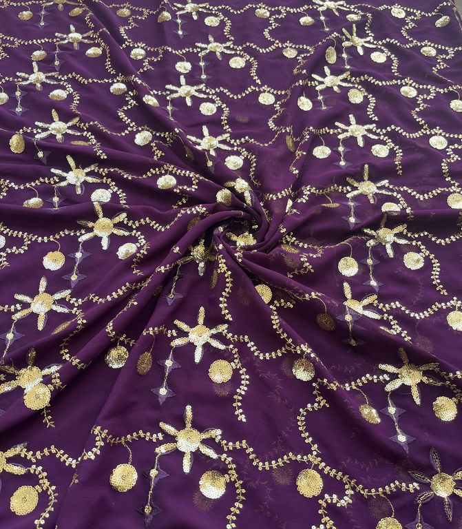 Wine & Golden Traditional Sequins Embroidered Georgette Fabric