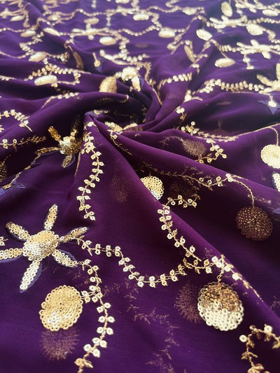 Wine & Golden Traditional Sequins Embroidered Georgette Fabric