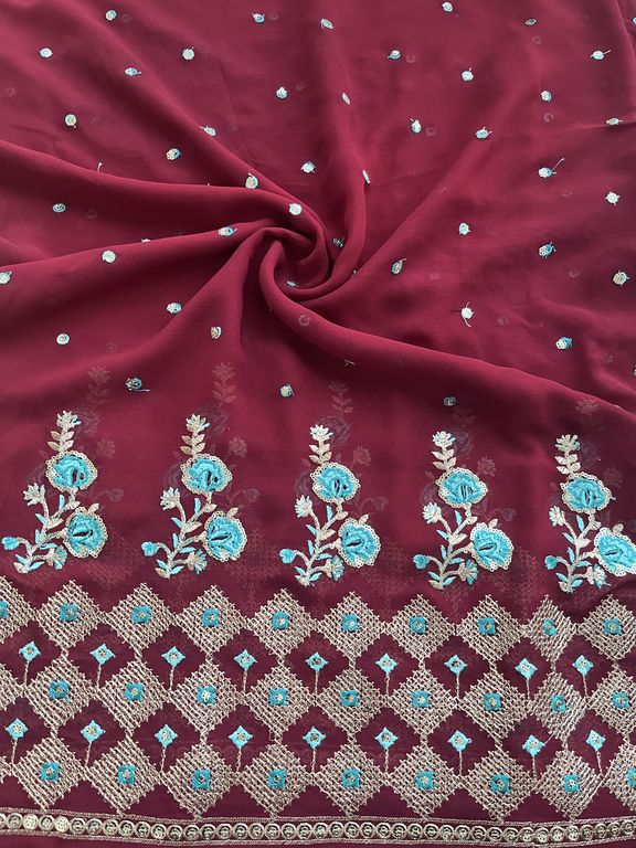 Maroon Traditional Sequins & Zari Embroidered Work Georgette Fabric (Wholesale)