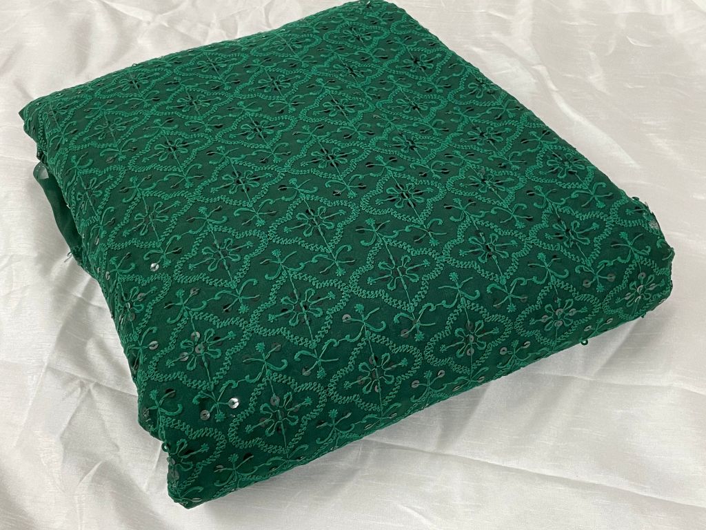 Pre Cut Green Lakhnavi Embroidered Georgette Fabric