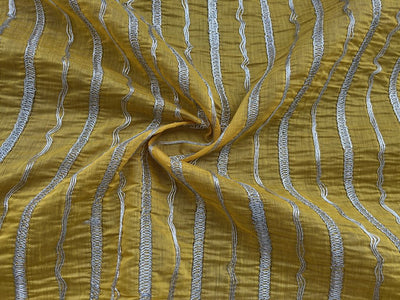 Yellow Stripes Silver Dori Tucks Chanderi Fabric