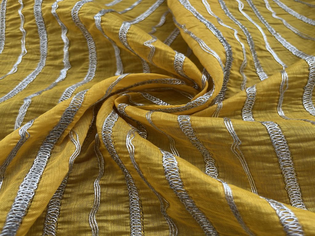 Yellow & Silver Stripes Dori Tucks Chanderi Fabric