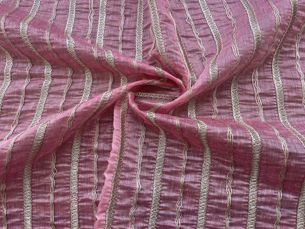 Rose Pink & Golden Stripes Pitta Dori Tucks Embroidered Chanderi Fabric