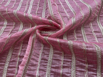 Rose Pink & Golden Stripes Pitta Dori Tucks Embroidered Chanderi Fabric