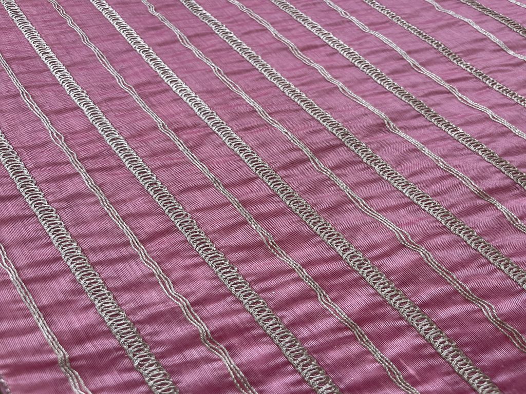 Rose Pink & Golden Stripes Pitta Dori Tucks Embroidered Chanderi Fabric