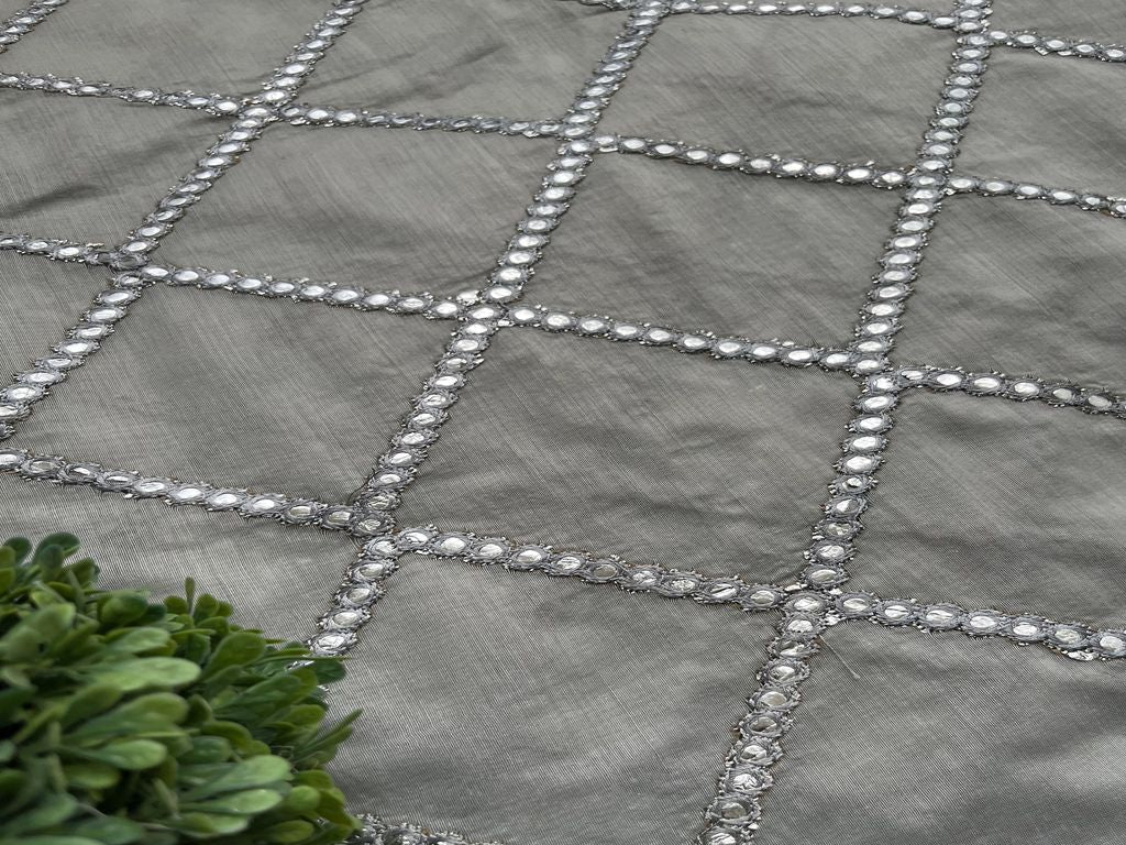 Gray Geometric Faux Mirror Embroidered Chanderi Fabric (Wholesale)